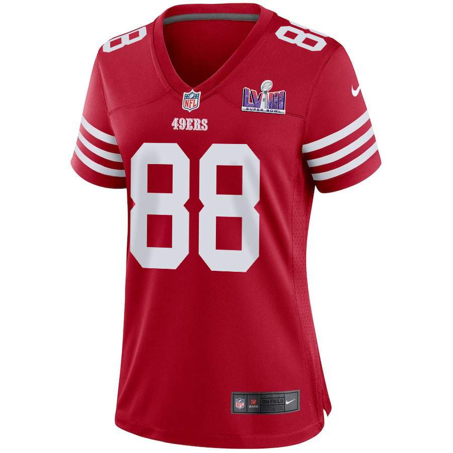 Alternative view of Jake Tonges #88 San Francisco 49ers Super Bowl LVIII Patch Game Jersey - Women's | Scarlet