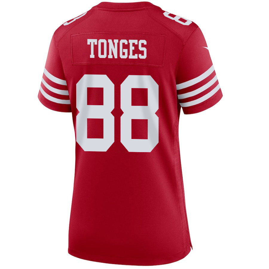 Jake Tonges #88 San Francisco 49ers Super Bowl LVIII Patch Game Jersey - Women's | Scarlet - Image 3