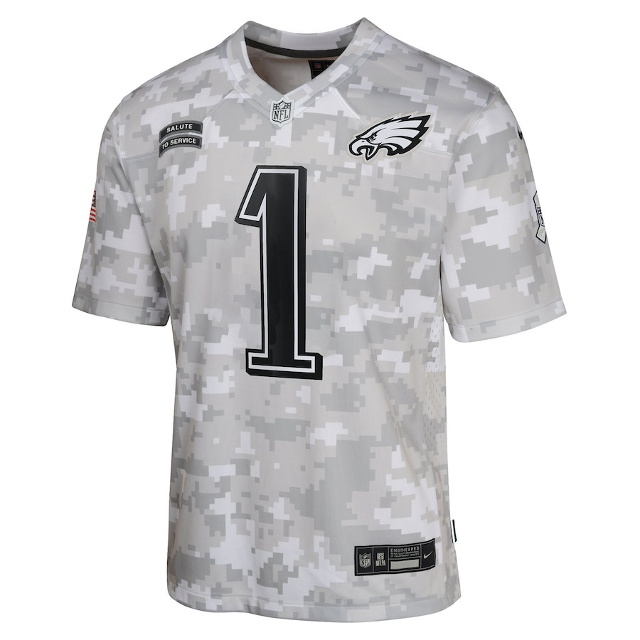 Alternative view of Jalen Hurts #1 Philadelphia Eagles Salute To Service Game Jersey - Youth | Arctic Camo