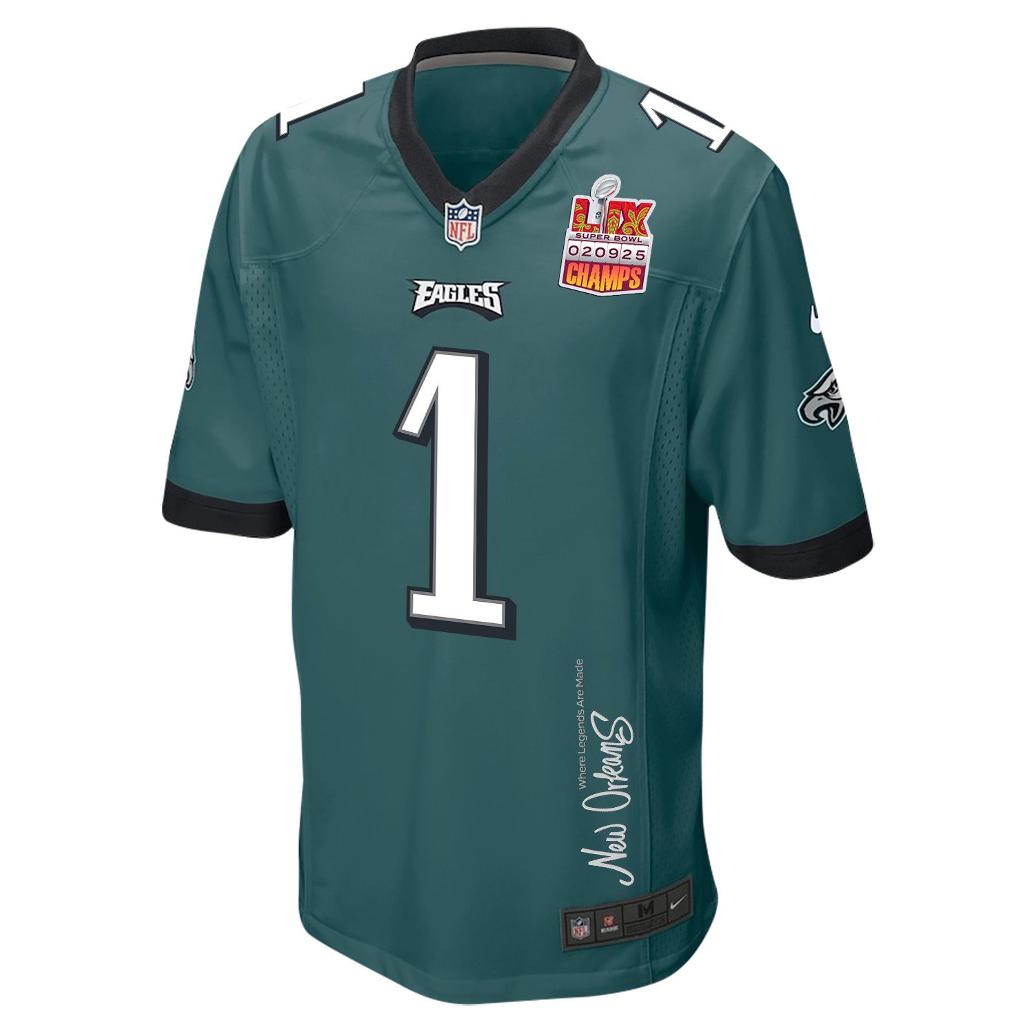 Jalen Hurts #1 Philadelphia Eagles Super Bowl LIX Champions Patch Legend Jersey - Men's | Midnight Green - Image 3
