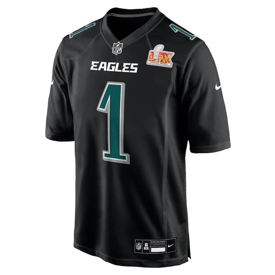 Alternative view of Jalen Hurts #1 Philadelphia Eagles Super Bowl LIX Game Jersey - Men's | Carbon Black