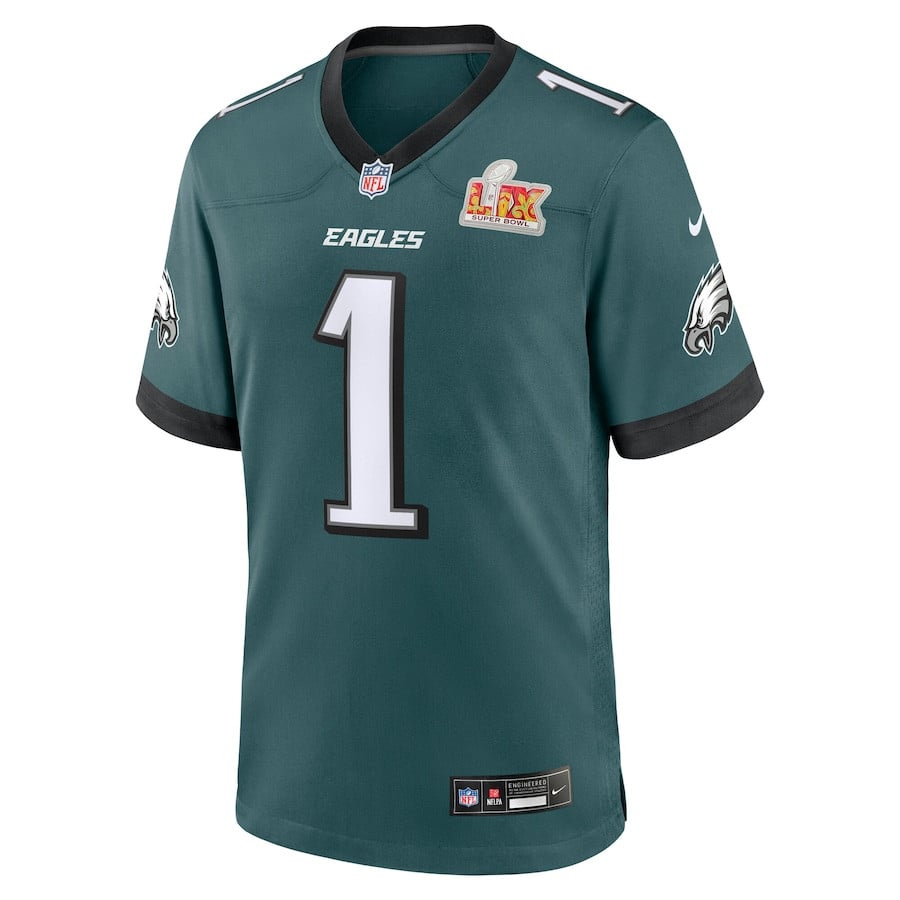 Alternative view of Jalen Hurts #1 Philadelphia Eagles Super Bowl LIX Game Jersey - Men's | Midnight Green