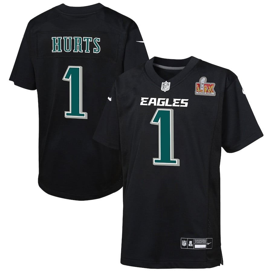 Jalen Hurts #1 Philadelphia Eagles Super Bowl LIX Patch Game Jersey - Youth | Carbon Black