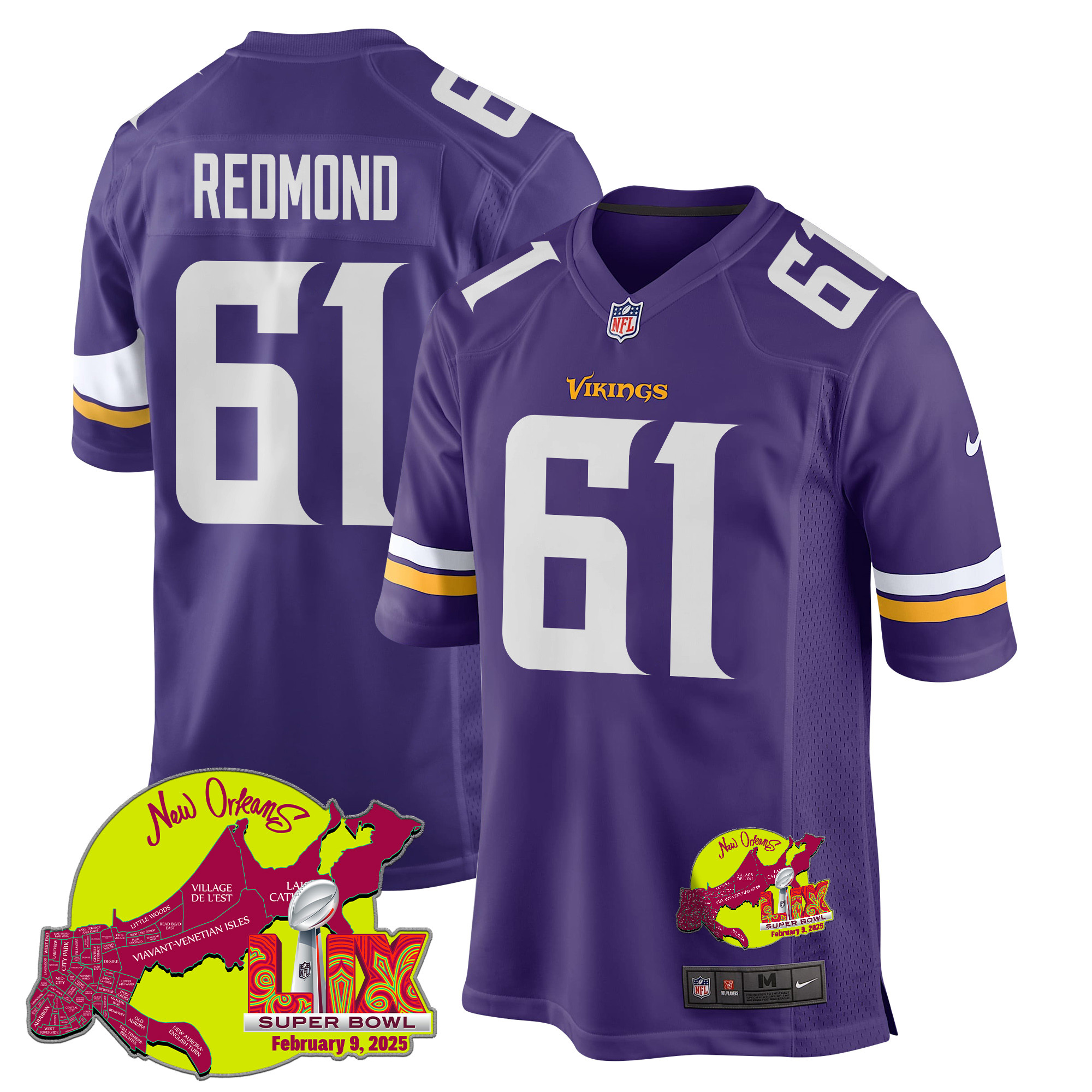 Jalen Redmond #61 Minnesota Vikings Super Bowl LIX Game Jersey - Men's | Purple