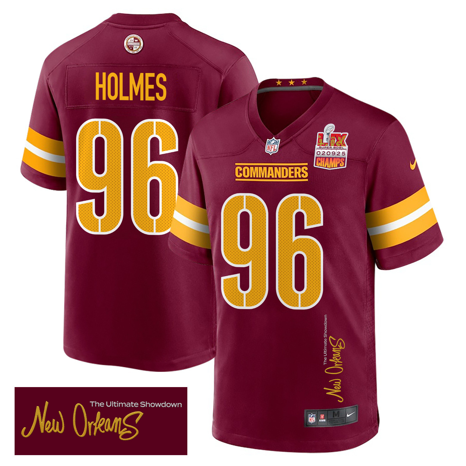 Jalyn Holmes #96 Washington Commanders Super Bowl LIX Champions Patch Game Jersey - Men's | Burgundy