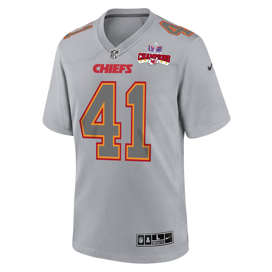 Alternative view of James Winchester #41 Kansas City Chiefs Super Bowl LVIII Champions 4 Stars Patch Game Jersey - Men's | Gray