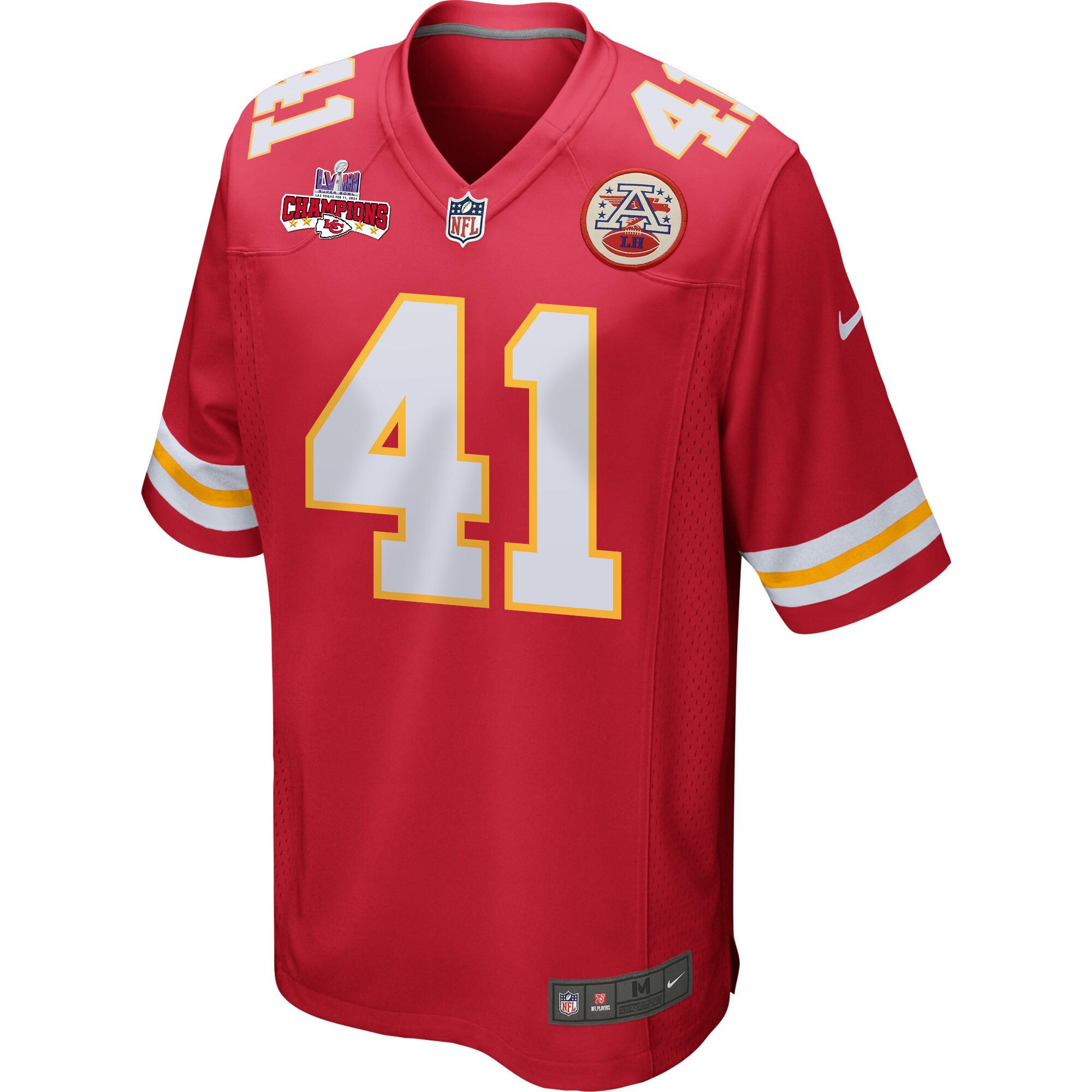 Alternative view of James Winchester #41 Kansas City Chiefs Super Bowl LVIII Champions 4 Stars Patch Game Jersey - Men's | Red