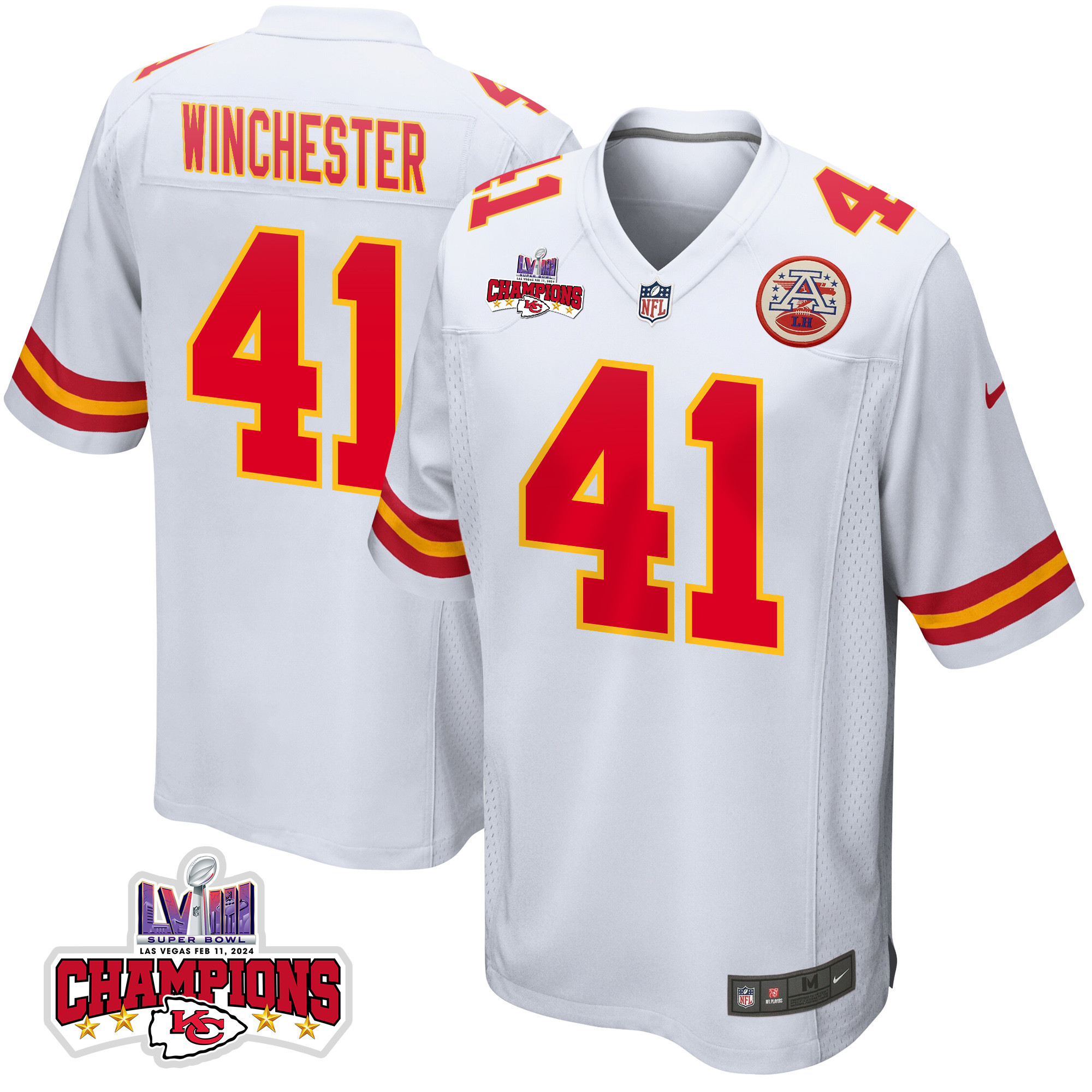 James Winchester #41 Kansas City Chiefs Super Bowl LVIII Champions 4 Stars Patch Game Jersey - Men's | White