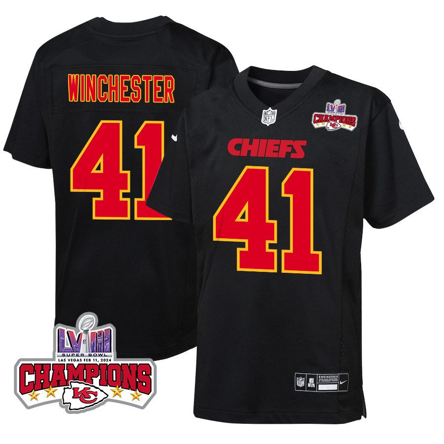 James Winchester #41 Kansas City Chiefs Super Bowl LVIII Champions 4 Stars Patch Game Jersey - Youth | Carbon Black