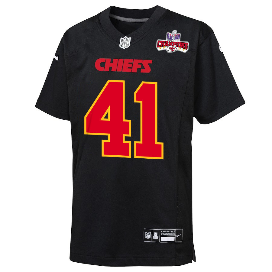 Alternative view of James Winchester #41 Kansas City Chiefs Super Bowl LVIII Champions 4 Stars Patch Game Jersey - Youth | Carbon Black