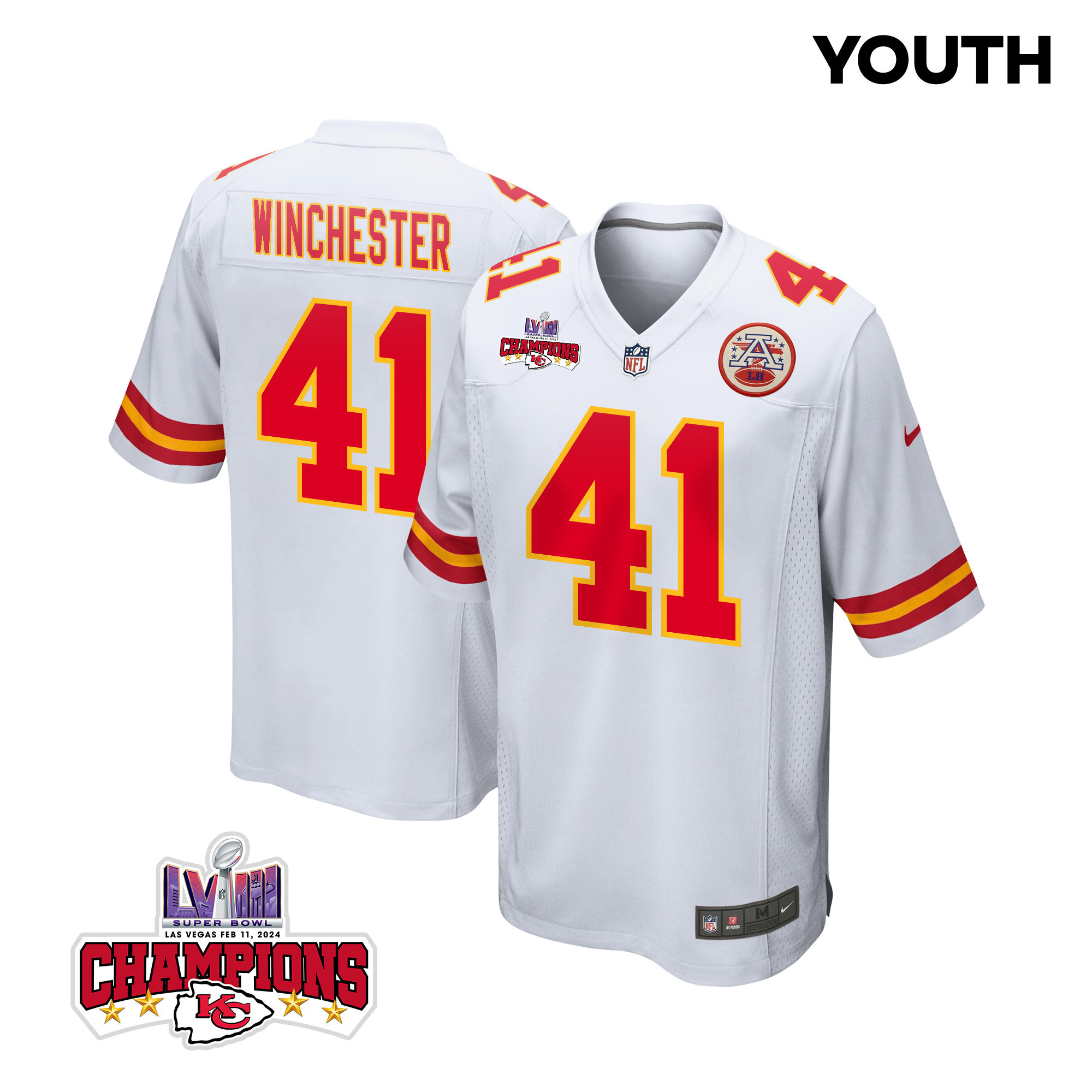 James Winchester #41 Kansas City Chiefs Super Bowl LVIII Champions 4 Stars Patch Game Jersey - Youth | White
