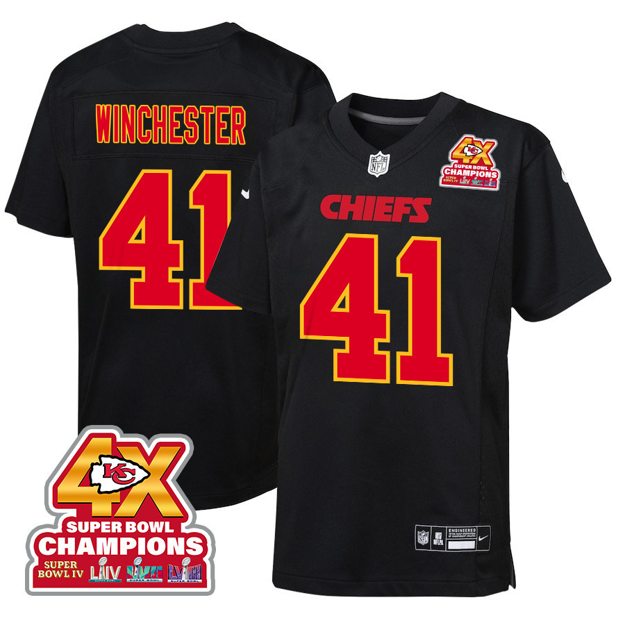 James Winchester #41 Kansas City Chiefs Super Bowl LVIII Champions 4X Game Jersey - Youth | Carbon Black