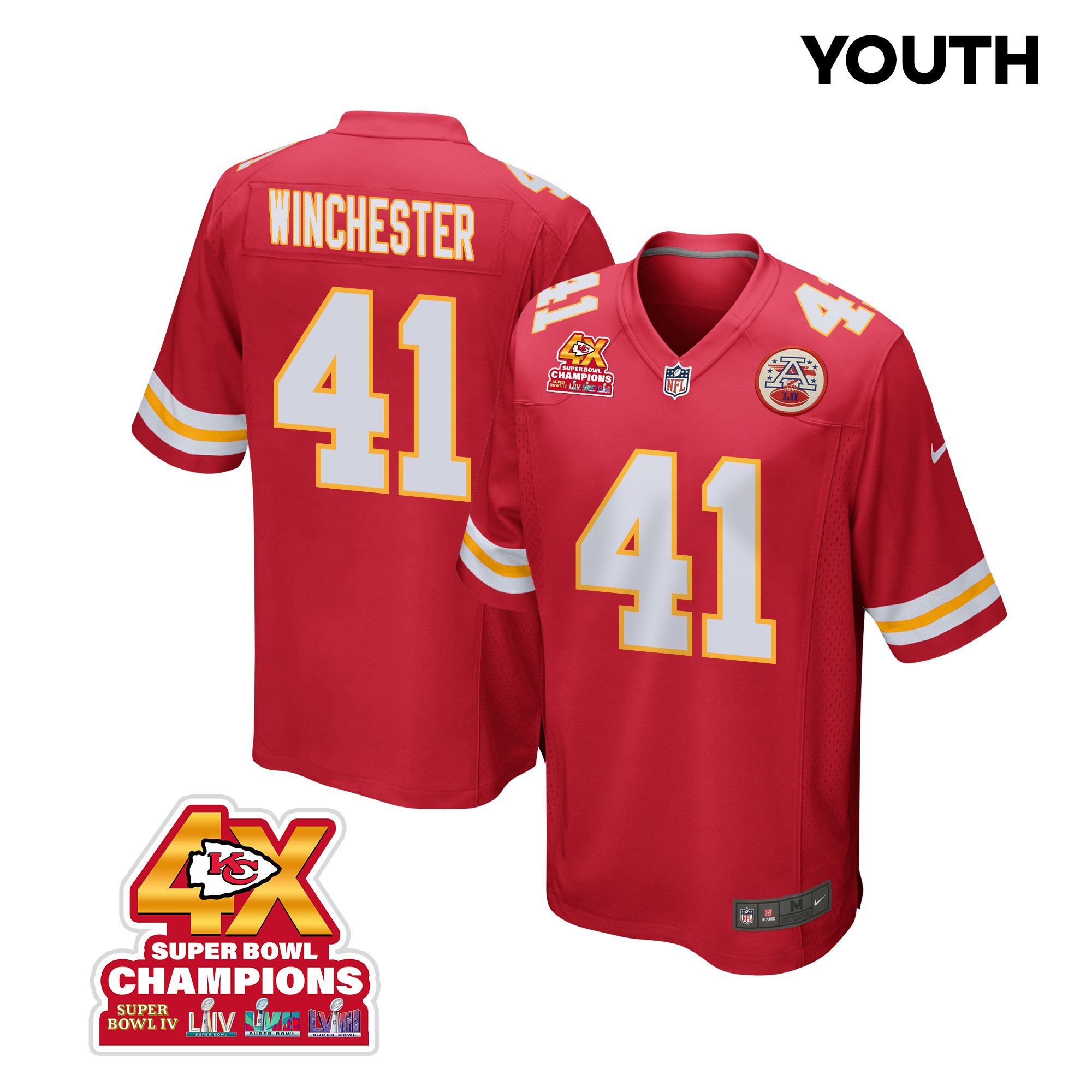 James Winchester #41 Kansas City Chiefs Super Bowl LVIII Champions 4X Game Jersey - Youth | Red