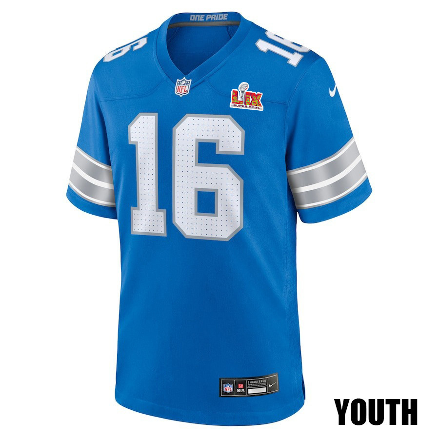 Alternative view of Jared Goff #16 Detroit Lions Super Bowl LIX Game Jersey - Youth | Blue