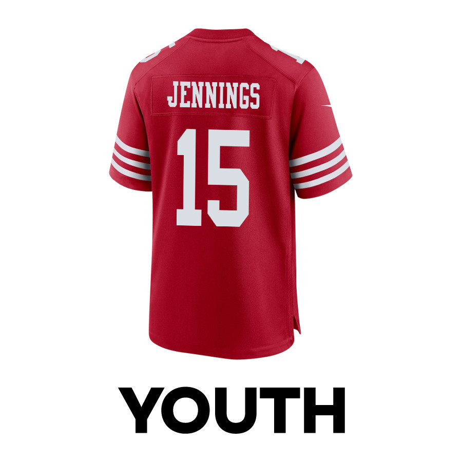 Jauan Jennings #15 San Francisco 49ers Super Bowl LVIII Patch Game Jersey - Youth | Scarlet - Image 3