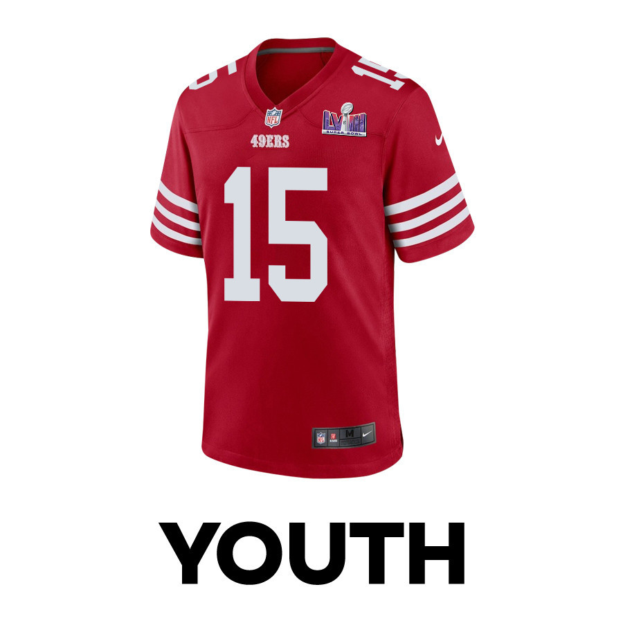 Alternative view of Jauan Jennings #15 San Francisco 49ers Super Bowl LVIII Patch Game Jersey - Youth | Scarlet