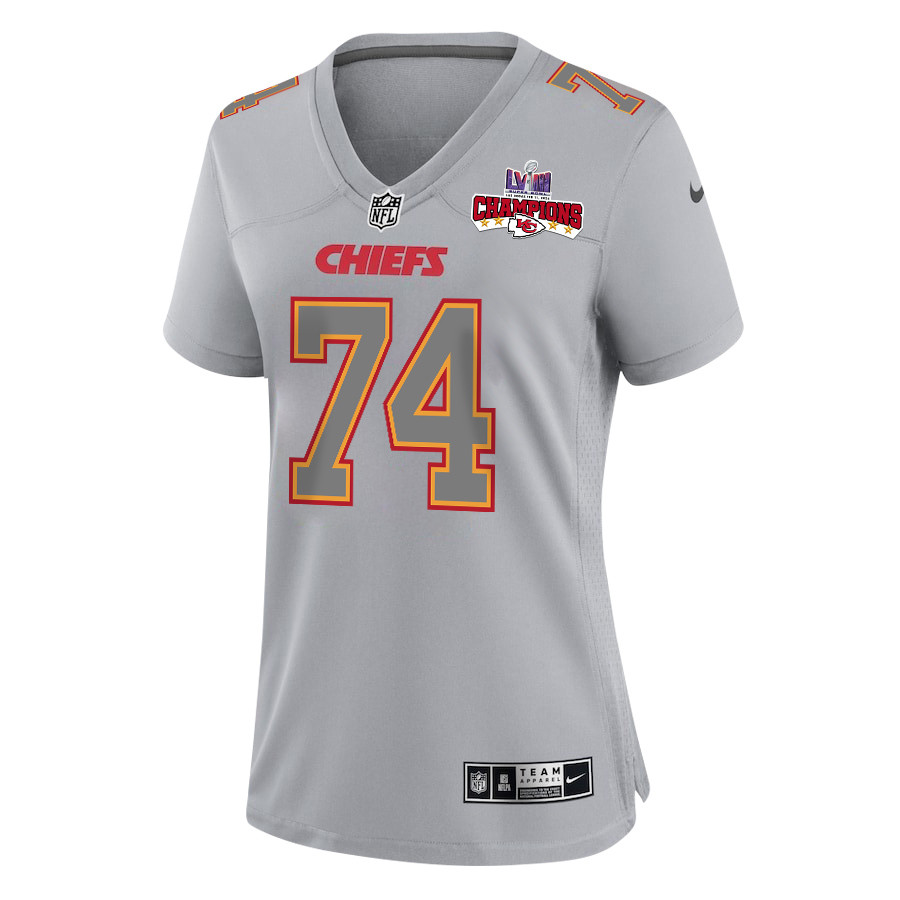 Alternative view of Jawaan Taylor #74 Kansas City Chiefs Super Bowl LVIII Champions 4 Stars Patch Game Jersey - Women's | Gray
