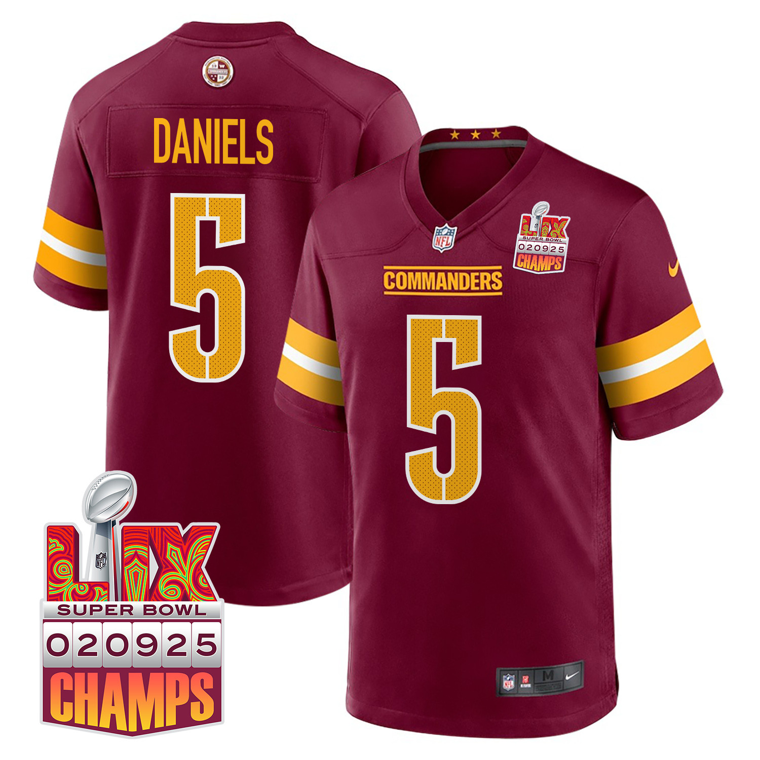 Jayden Daniels #5 Washington Commanders Super Bowl LIX Champions Patch Game Jersey - Men's | Burgundy