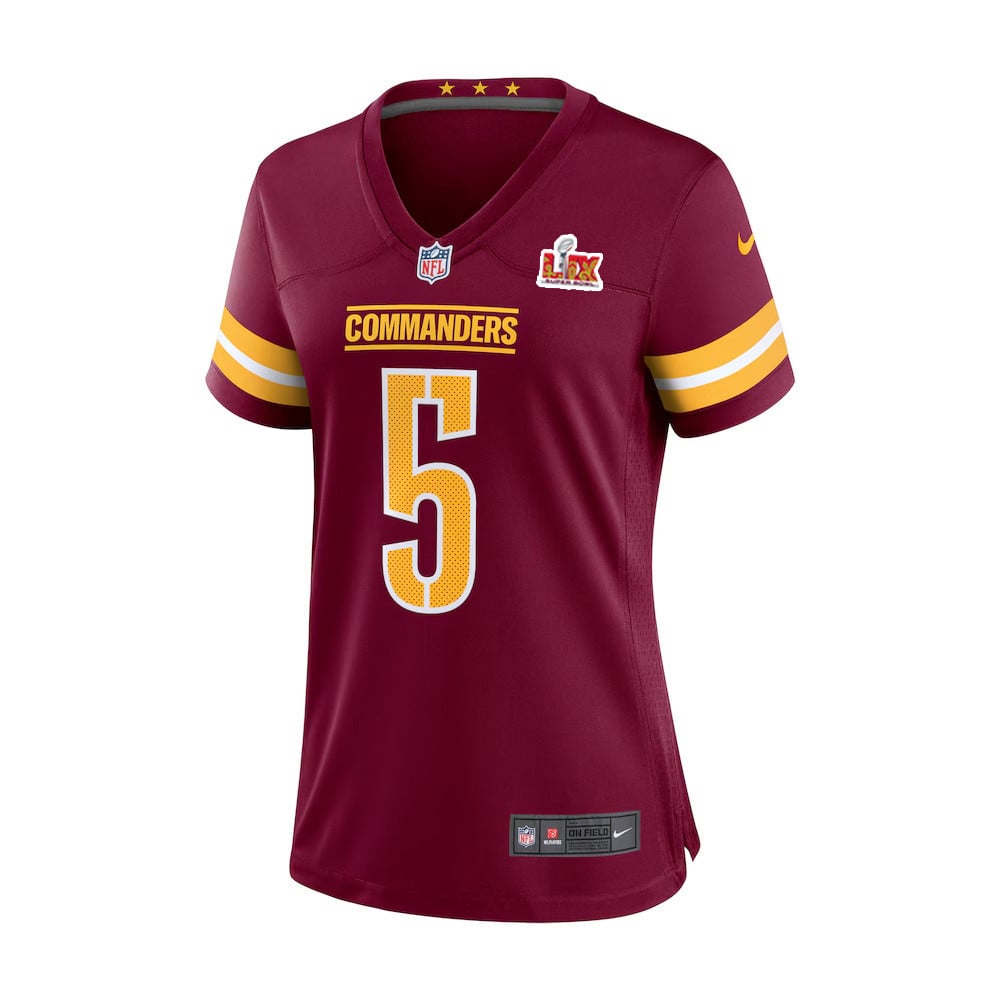 Alternative view of Jayden Daniels #5 Washington Commanders Super Bowl LIX Game Jersey - Women's | Burgundy
