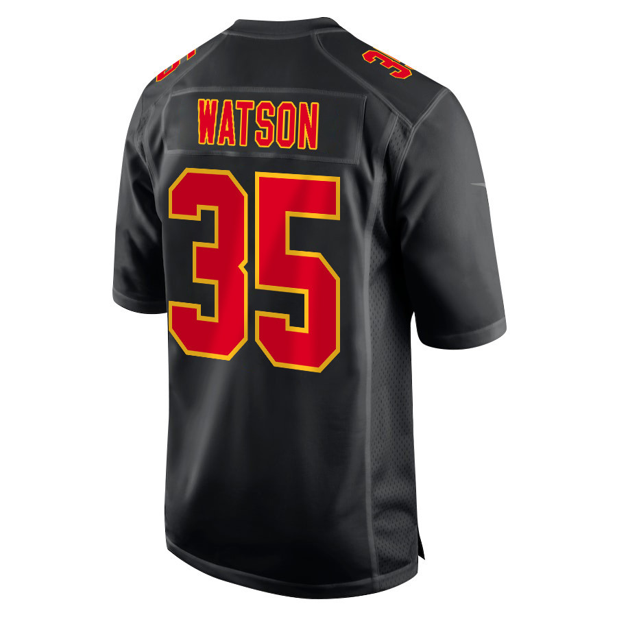 Jaylen Watson #35 Kansas City Chiefs Super Bowl LVIII Champions 4 Stars Patch Game Jersey - Men's | Carbon Black - Image 3