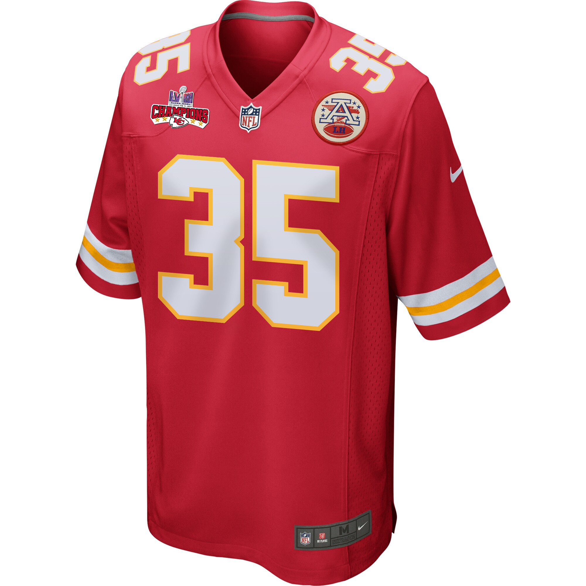 Alternative view of Jaylen Watson #35 Kansas City Chiefs Super Bowl LVIII Champions 4 Stars Patch Game Jersey - Men's | Red