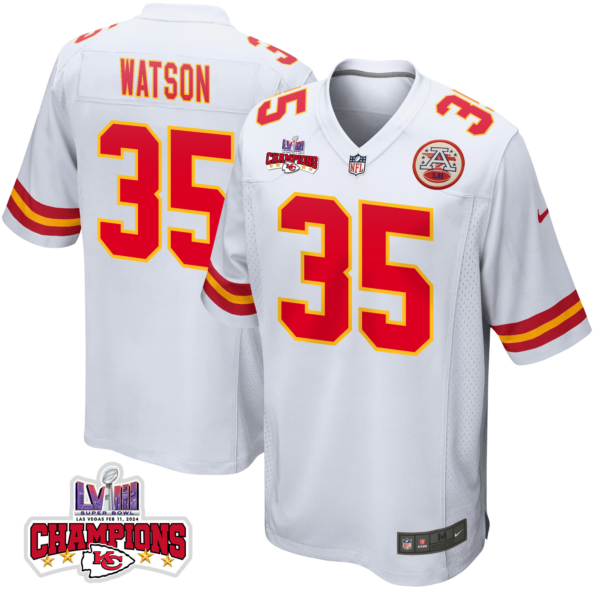 Jaylen Watson #35 Kansas City Chiefs Super Bowl LVIII Champions 4 Stars Patch Game Jersey - Men's | White