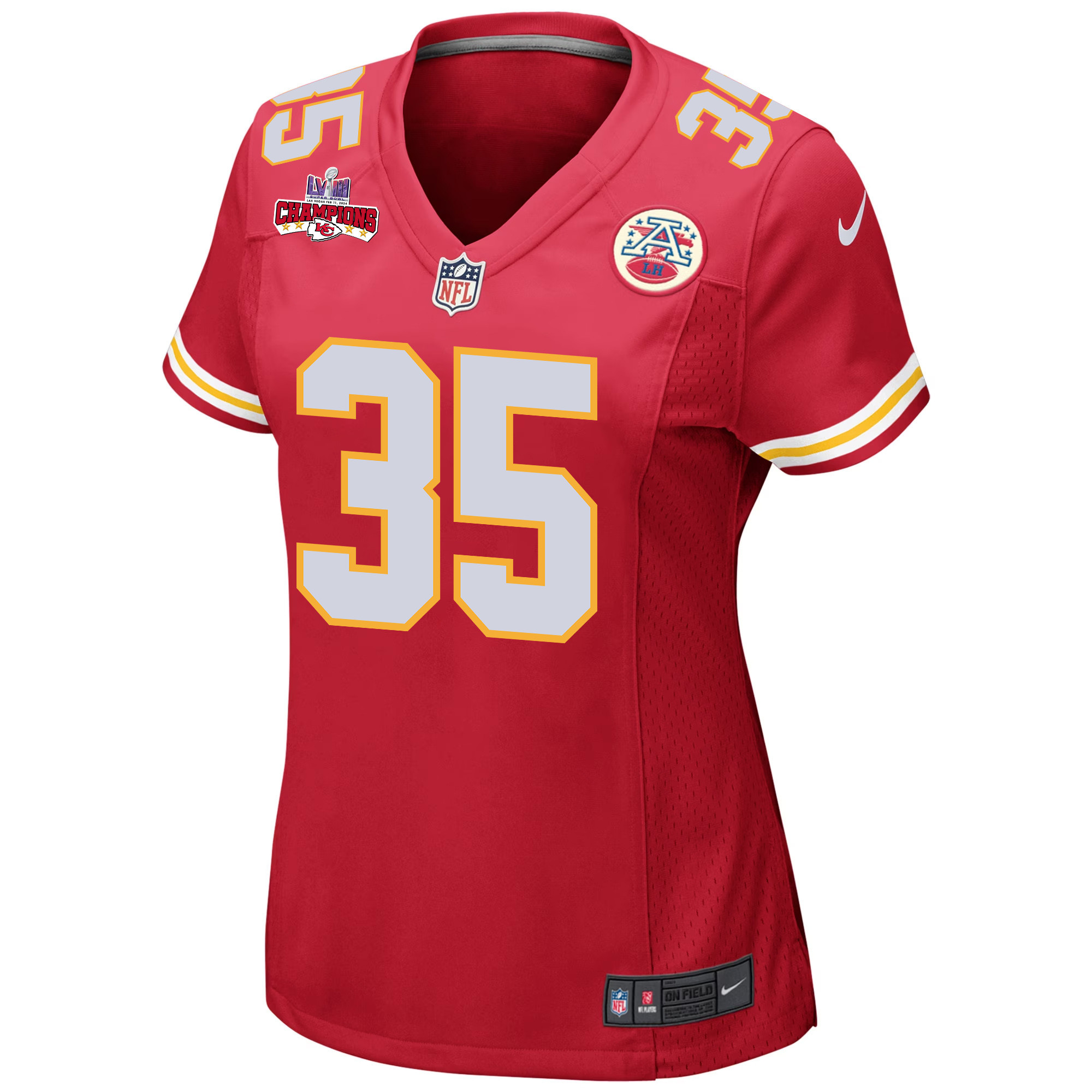 Alternative view of Jaylen Watson #35 Kansas City Chiefs Super Bowl LVIII Champions 4 Stars Patch Game Jersey - Women's | Red