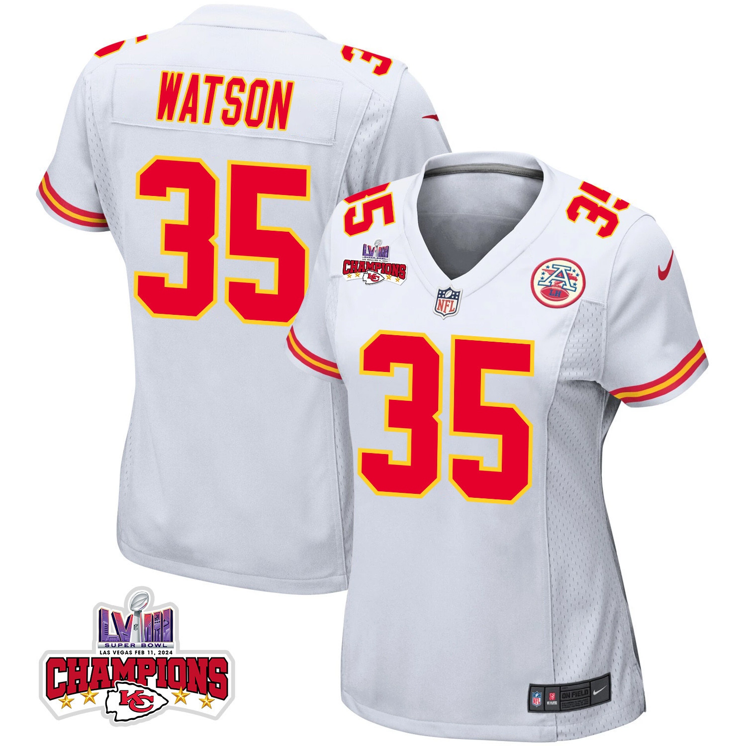 Jaylen Watson #35 Kansas City Chiefs Super Bowl LVIII Champions 4 Stars Patch Game Jersey - Women's | White