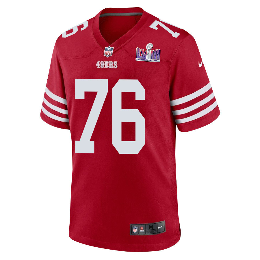 Alternative view of Jaylon Moore #76 San Francisco 49ers Super Bowl LVIII Patch Game Jersey - Men's | Scarlet