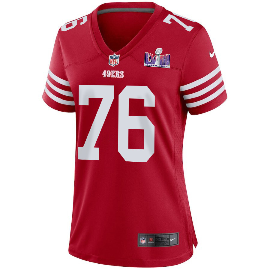 Alternative view of Jaylon Moore #76 San Francisco 49ers Super Bowl LVIII Patch Game Jersey - Women's | Scarlet