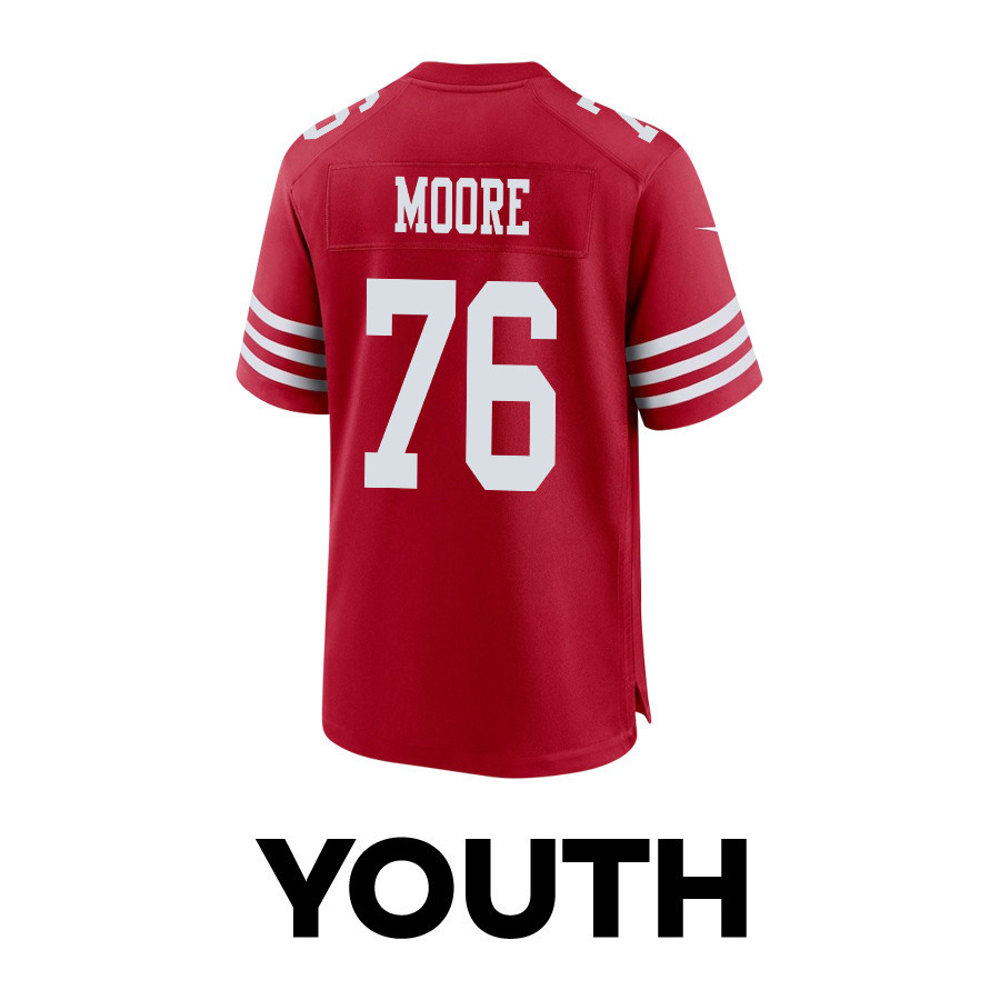 Jaylon Moore #76 San Francisco 49ers Super Bowl LVIII Patch Game Jersey - Youth | Scarlet - Image 3
