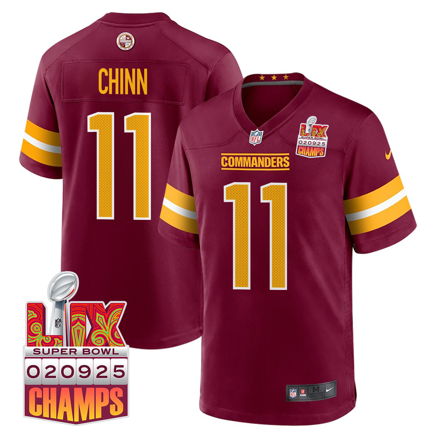 Jeremy Chinn #11 Washington Commanders Super Bowl LIX Champions Patch Game Jersey - Men's | Burgundy