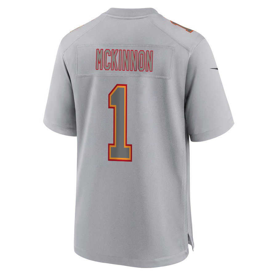 Jerick McKinnon #1 Kansas City Chiefs Super Bowl LVIII Champions 4 Stars Patch Game Jersey - Men's | Gray - Image 3