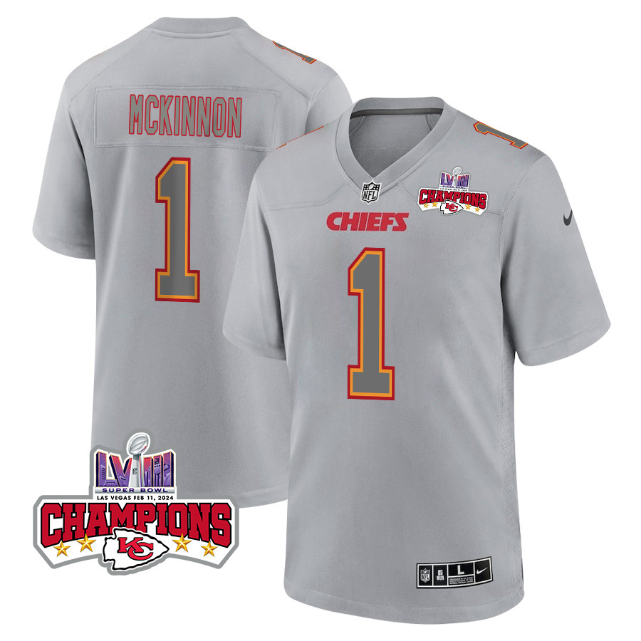 Jerick McKinnon #1 Kansas City Chiefs Super Bowl LVIII Champions 4 Stars Patch Game Jersey - Men's | Gray