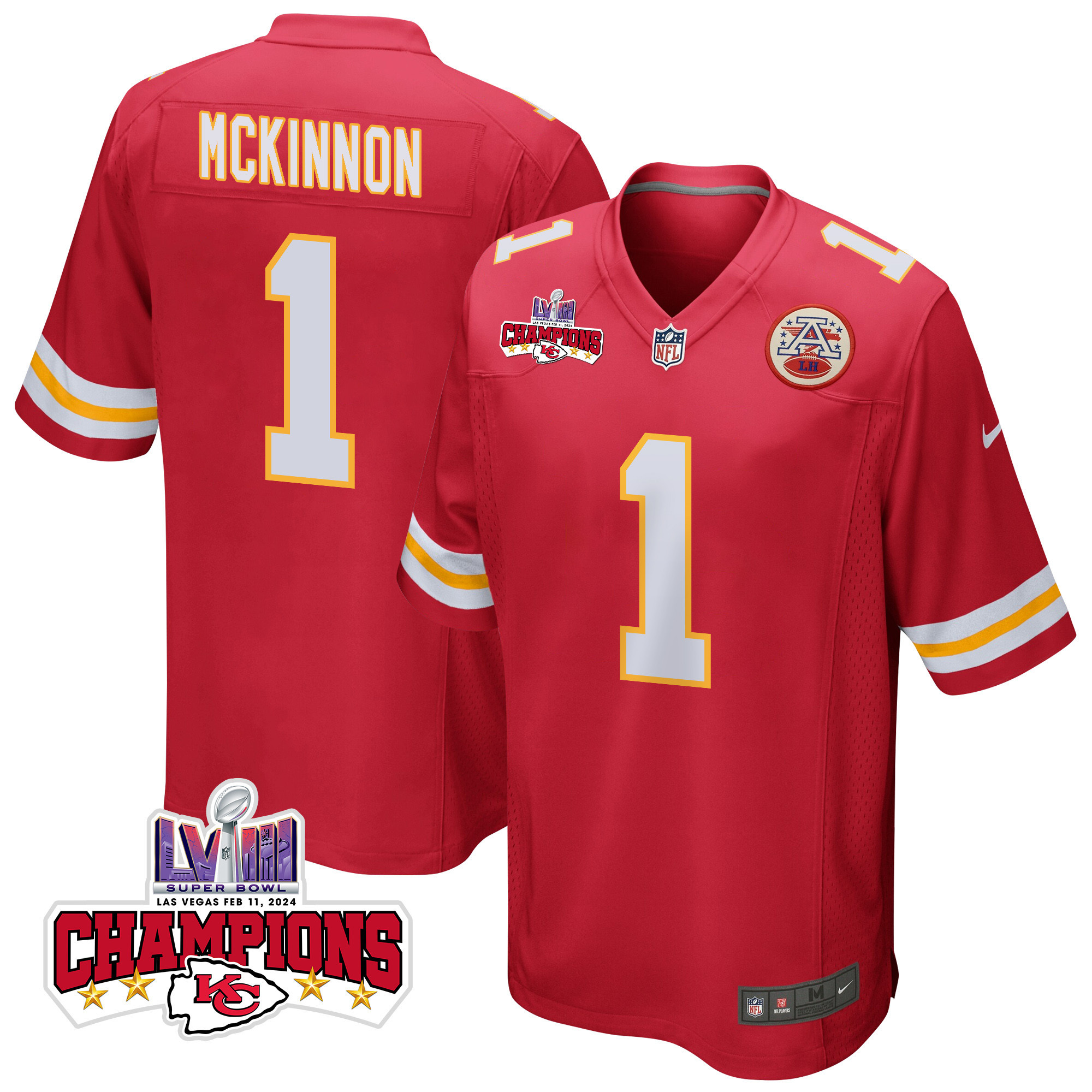 Jerick McKinnon #1 Kansas City Chiefs Super Bowl LVIII Champions 4 Stars Patch Game Jersey - Men's | Red