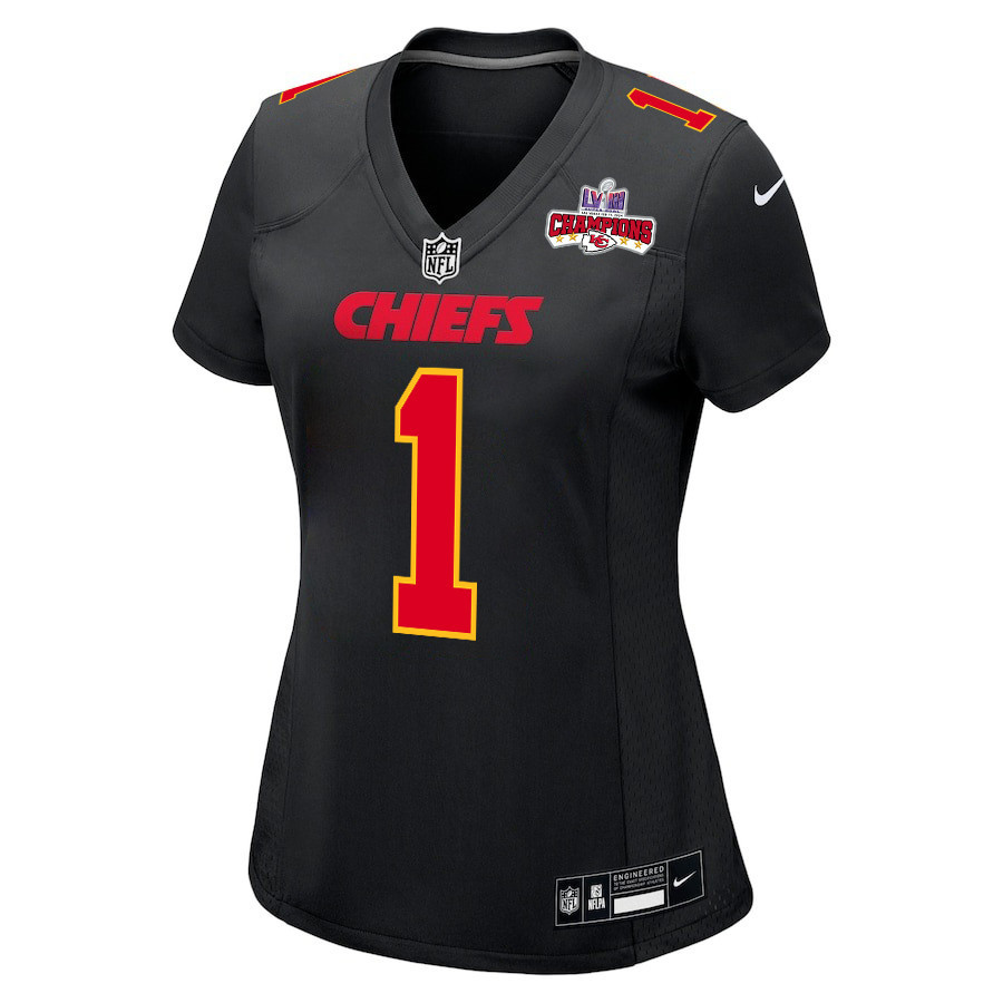 Alternative view of Jerick McKinnon #1 Kansas City Chiefs Super Bowl LVIII Champions 4 Stars Patch Game Jersey - Women's | Carbon Black