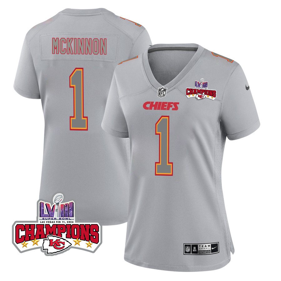 Jerick McKinnon #1 Kansas City Chiefs Super Bowl LVIII Champions 4 Stars Patch Game Jersey - Women's | Gray