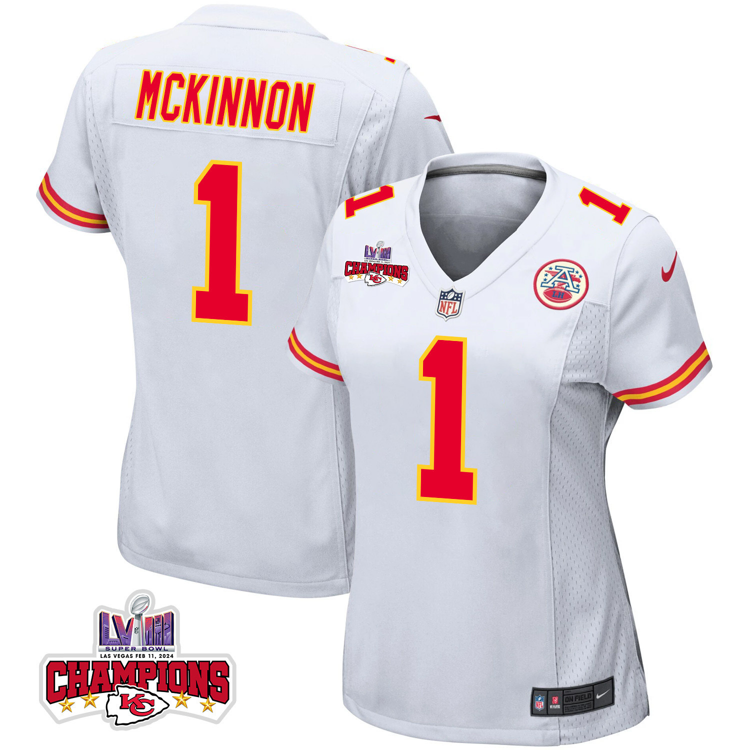 Jerick McKinnon #1 Kansas City Chiefs Super Bowl LVIII Champions 4 Stars Patch Game Jersey - Women's | White