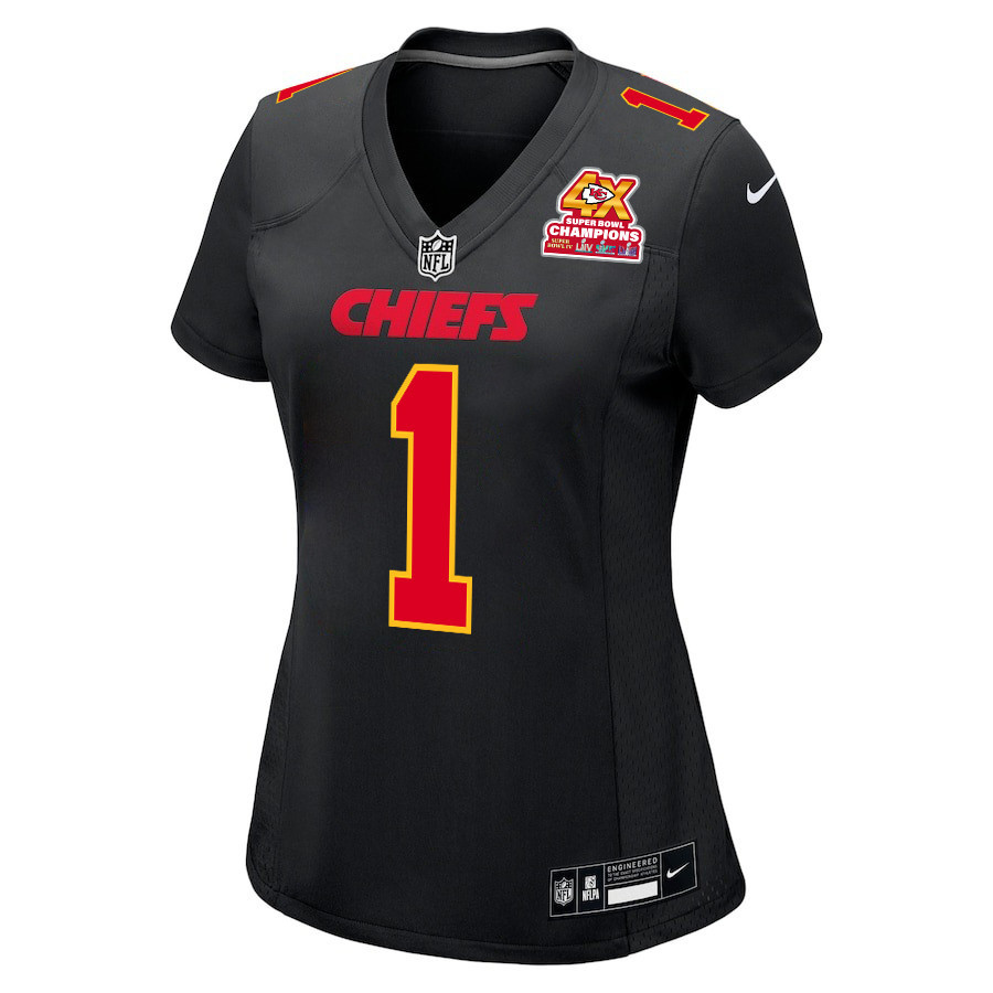 Alternative view of Jerick McKinnon #1 Kansas City Chiefs Super Bowl LVIII Champions 4X Game Jersey - Women's | Carbon Black