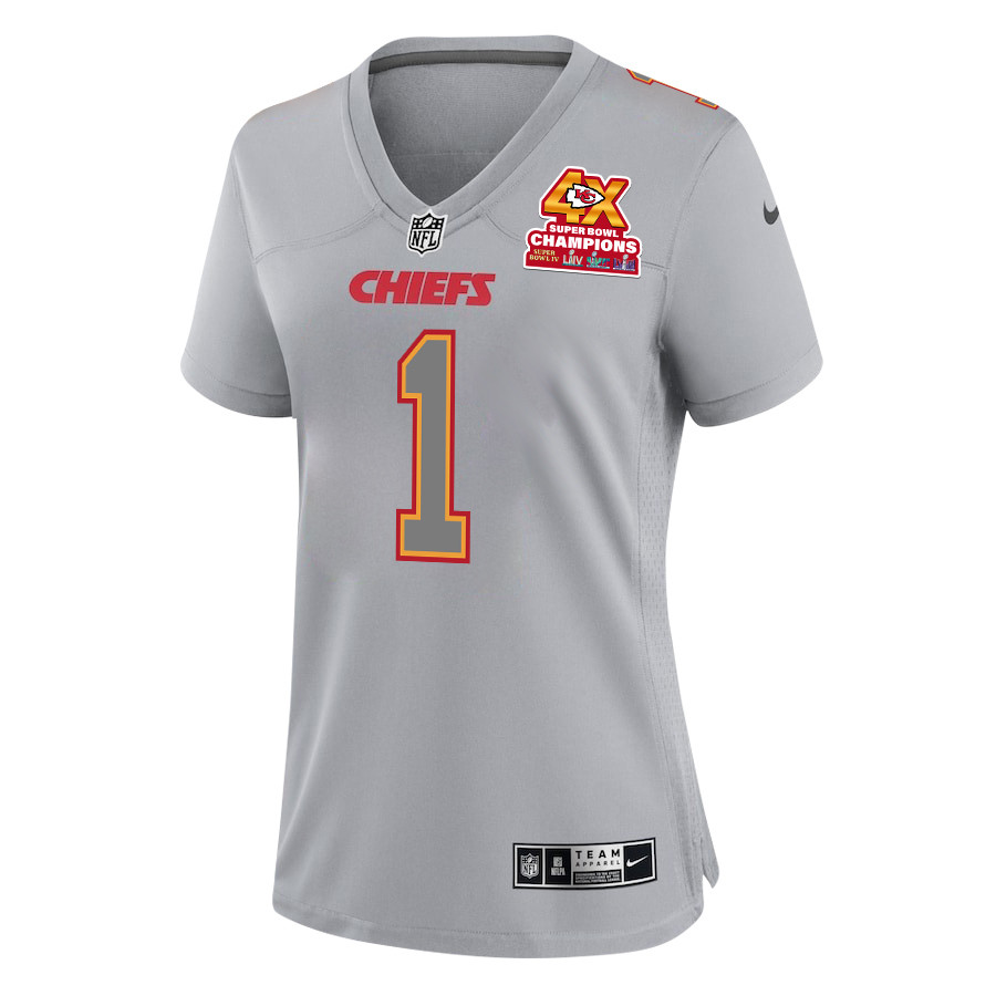 Alternative view of Jerick McKinnon #1 Kansas City Chiefs Super Bowl LVIII Champions 4X Game Jersey - Women's | Gray