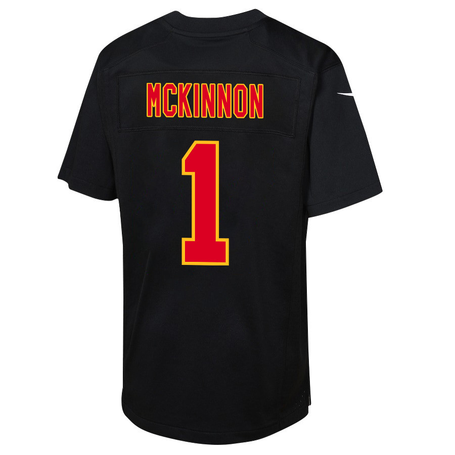 Jerick McKinnon #1 Kansas City Chiefs Super Bowl LVIII Champions 4X Game Jersey - Youth | Carbon Black - Image 3