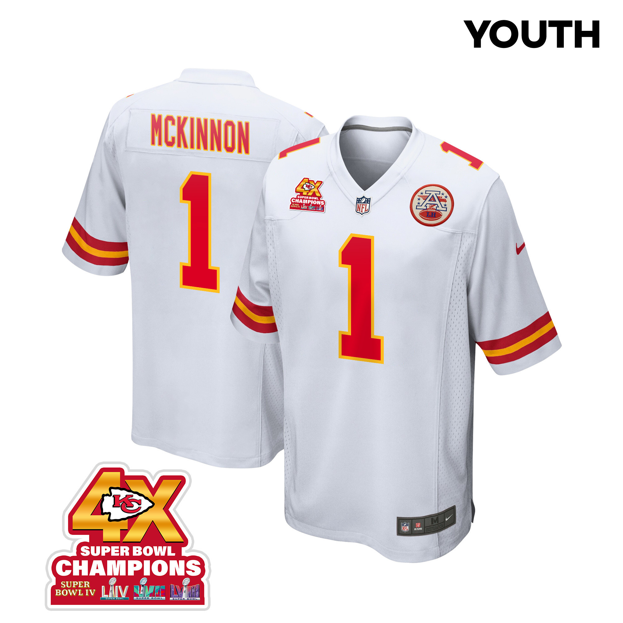 Jerick McKinnon #1 Kansas City Chiefs Super Bowl LVIII Champions 4X Game Jersey - Youth | White