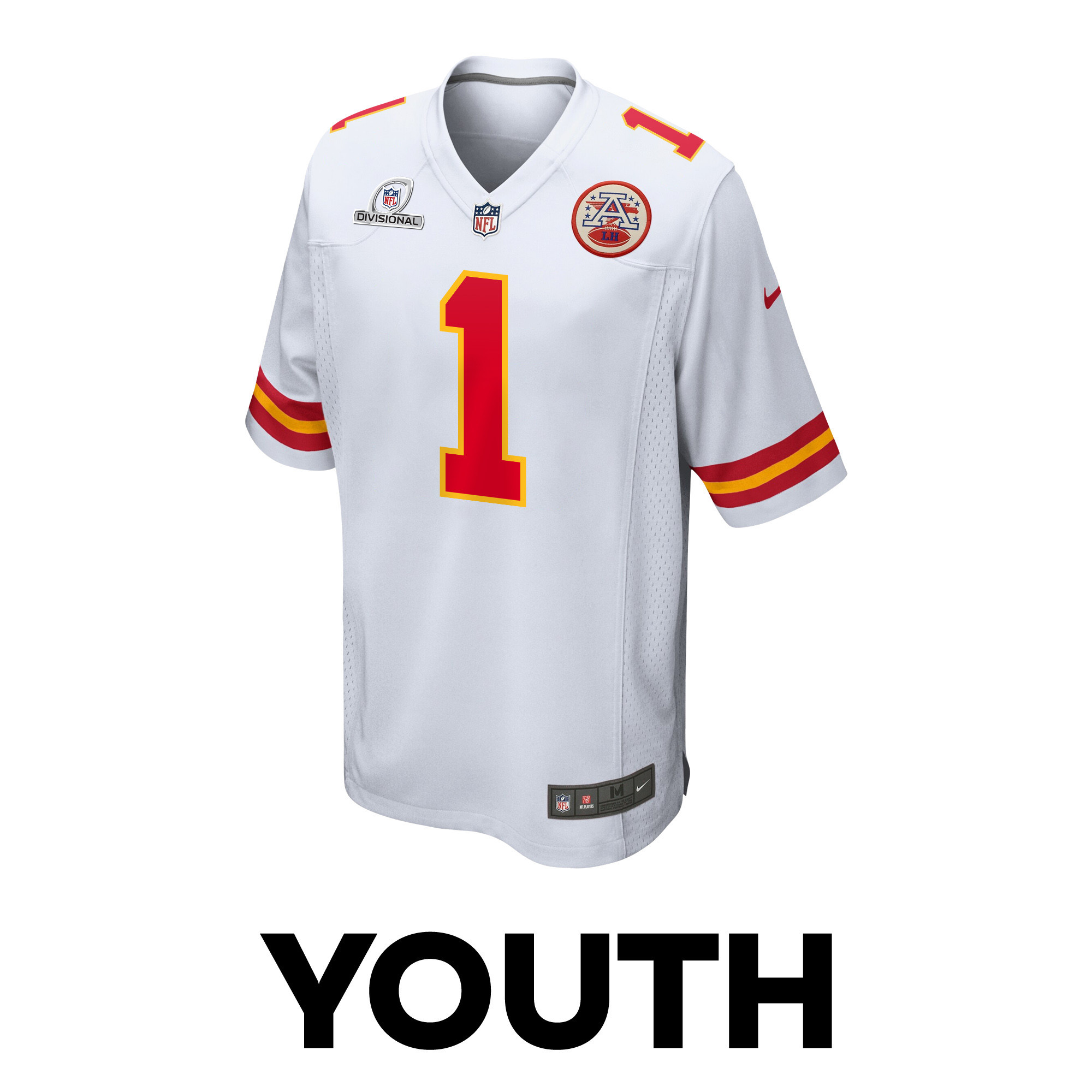 Alternative view of Jerick McKinnon #1 Kansas City Chiefs Super Bowl LVIII Patch Game Jersey - Youth | White