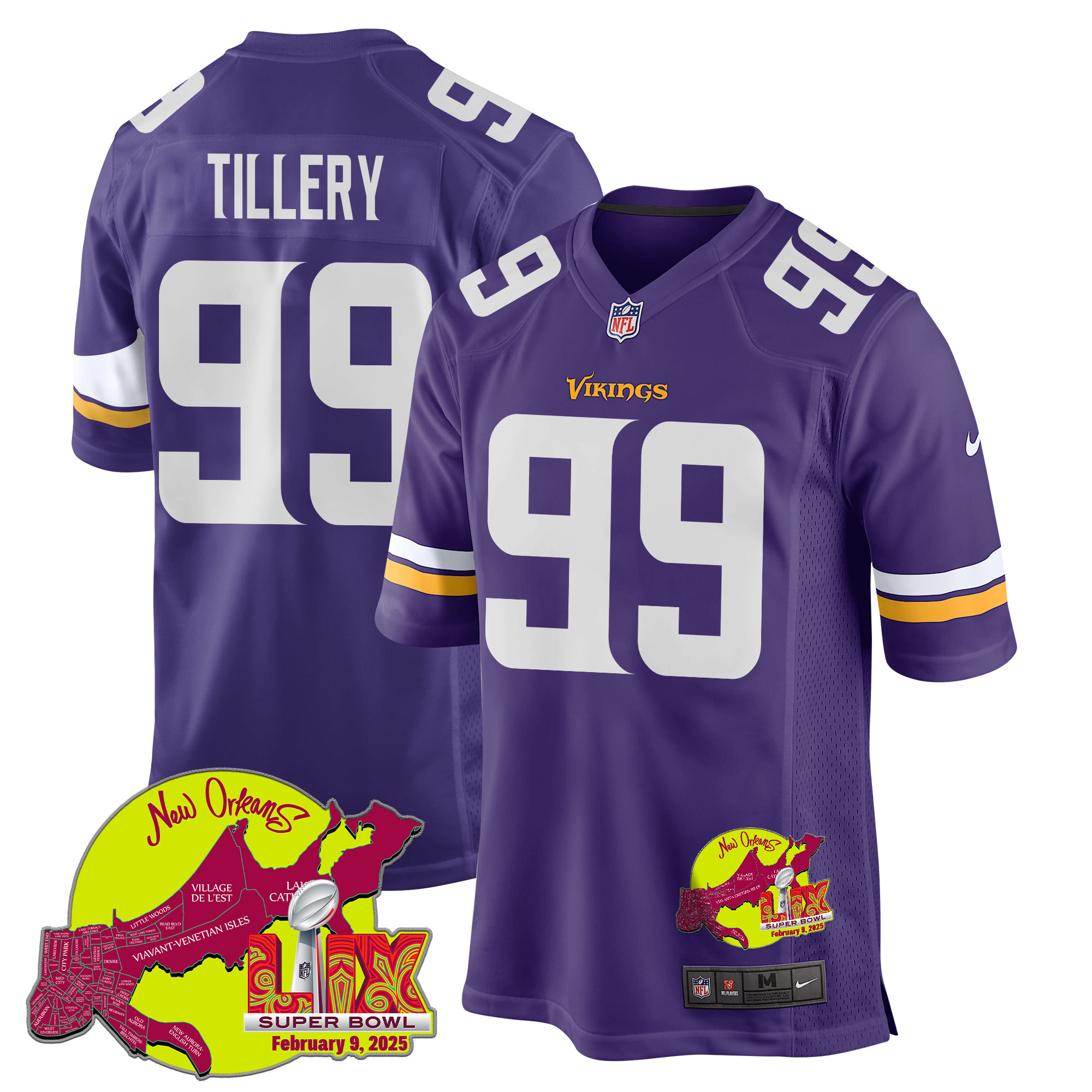 Jerry Tillery #99 Minnesota Vikings Super Bowl LIX Game Jersey - Men's | Purple