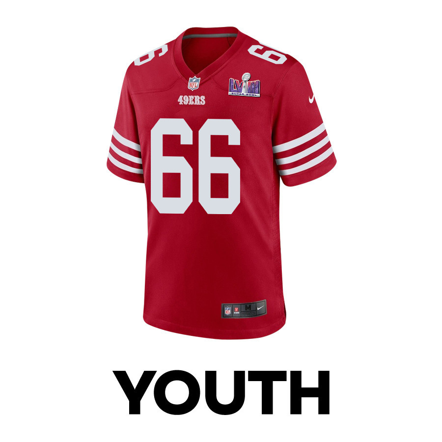Alternative view of Jesse Davis #66 San Francisco 49ers Super Bowl LVIII Patch Game Jersey - Youth | Scarlet