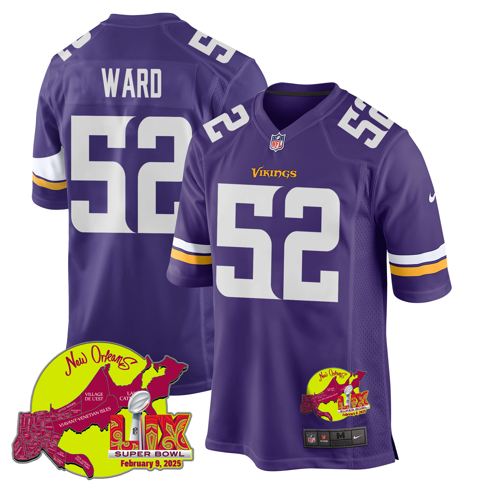 Jihad Ward #52 Minnesota Vikings Super Bowl LIX Game Jersey - Men's | Purple