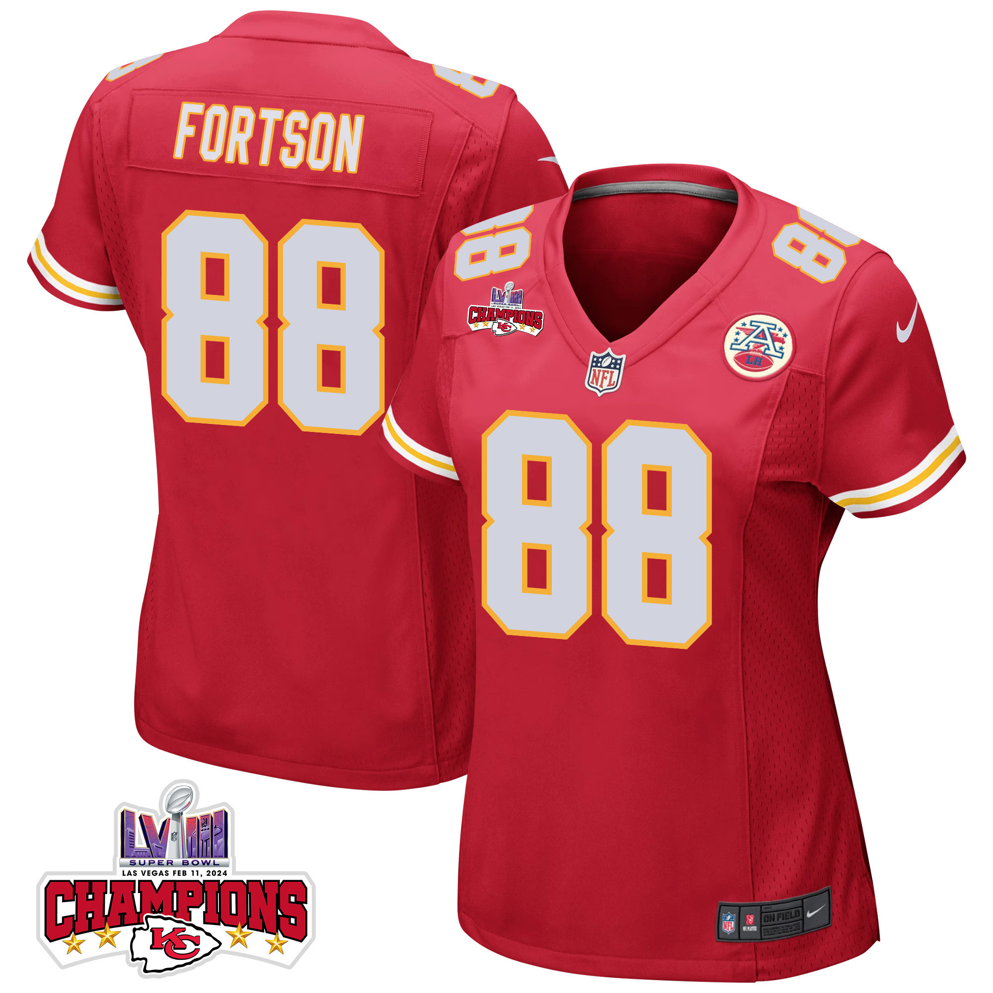 Jody Fortson #88 Kansas City Chiefs Super Bowl LVIII Champions 4 Stars Patch Game Jersey - Women's | Red