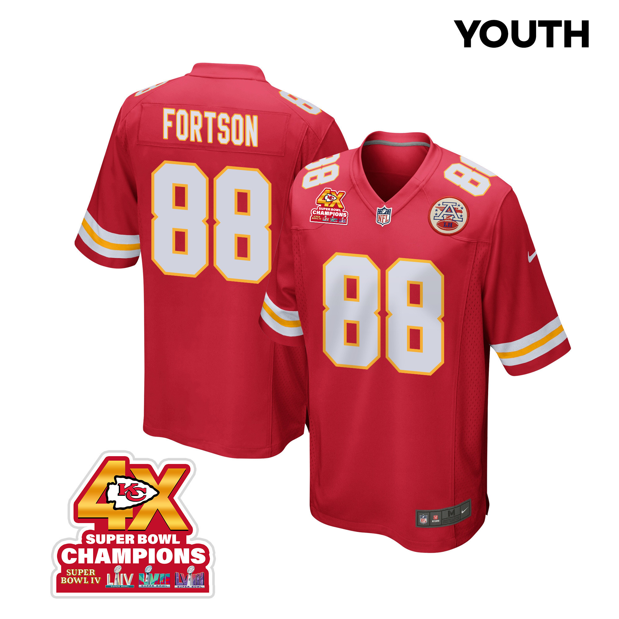 Jody Fortson #88 Kansas City Chiefs Super Bowl LVIII Champions 4X Game Jersey - Youth | Red