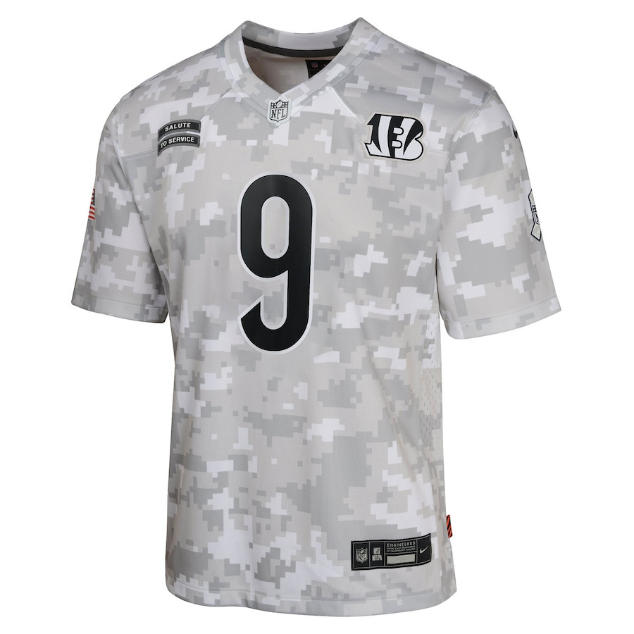 Alternative view of Joe Burrow #9 Cincinnati Bengals Salute To Service Game Jersey - Youth | Arctic Camo