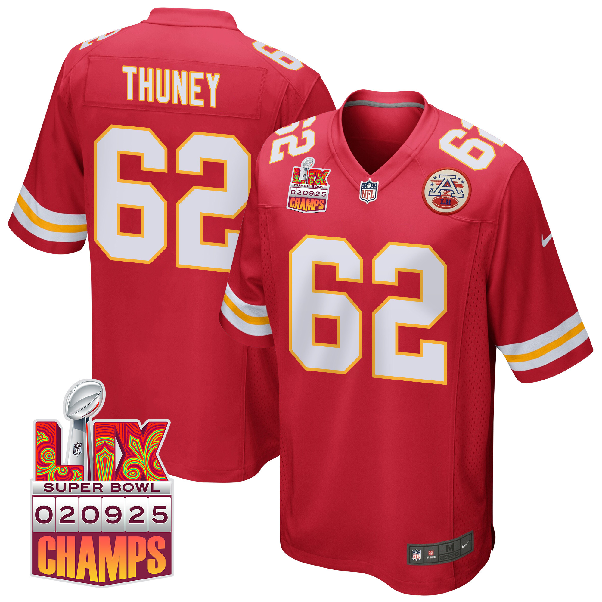 Joe Thuney #62 Kansas City Chiefs Super Bowl LIX Champions Patch Game Jersey - Men's | Red